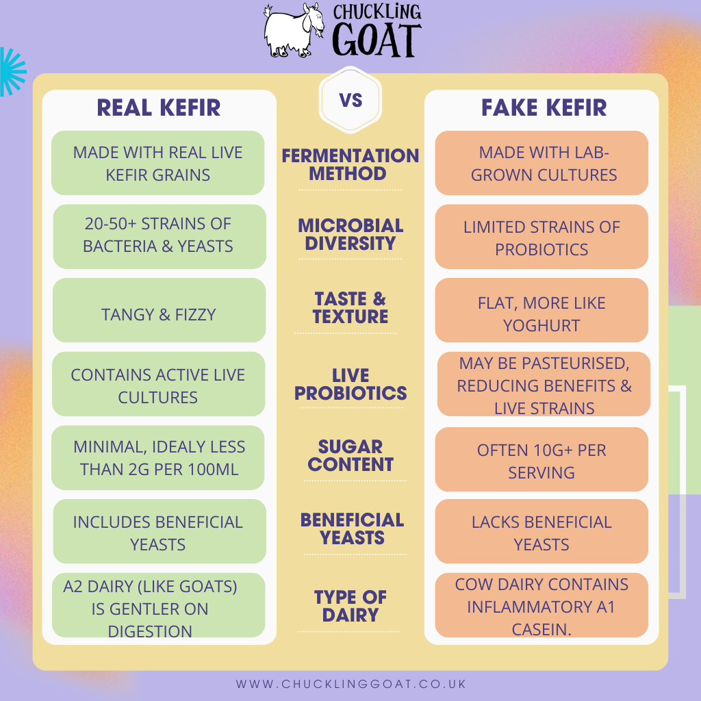 Illustrative, colourful chart showing Real Kefir qualities VS Fake Kefir qualities. Chuckling Goat logo.